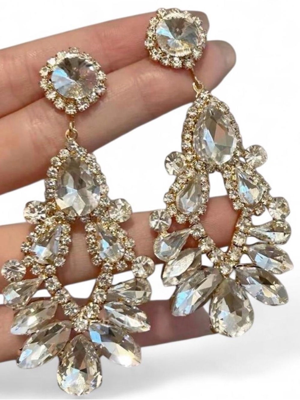 Crystal Chandelier Earrings Gold Tone Glass Stone Statement Drop Earrings